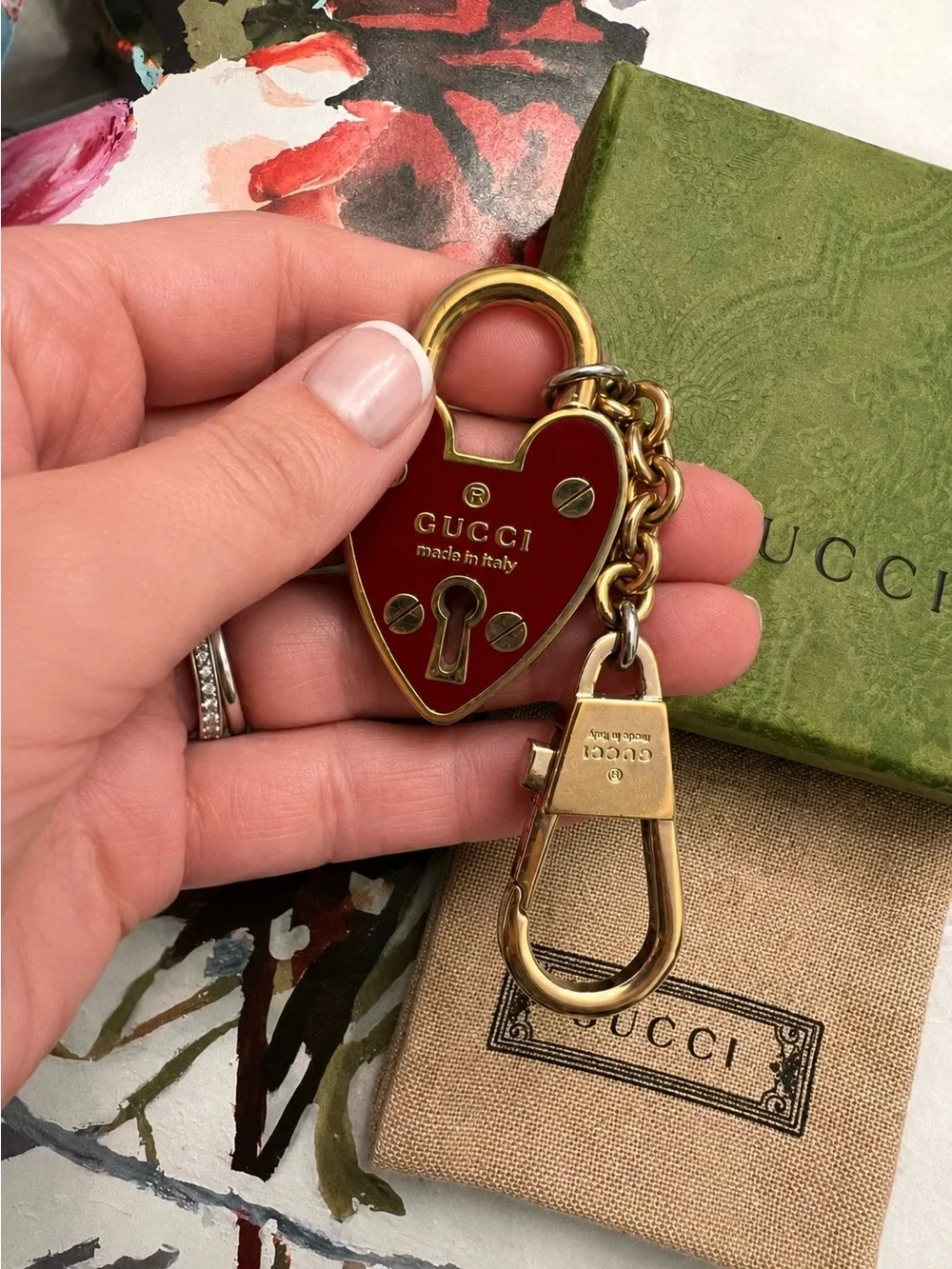 100% Authentic Gucci Red Enamel Heart Padlock Keychain / Bag Charm